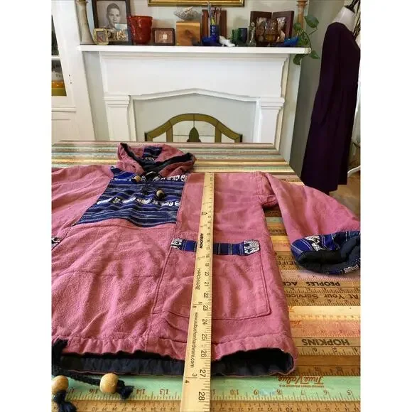 Vintage Baja Poncho Hoodie M Blanket Pullover Hippie Festival India Thailand - Picture 14 of 16